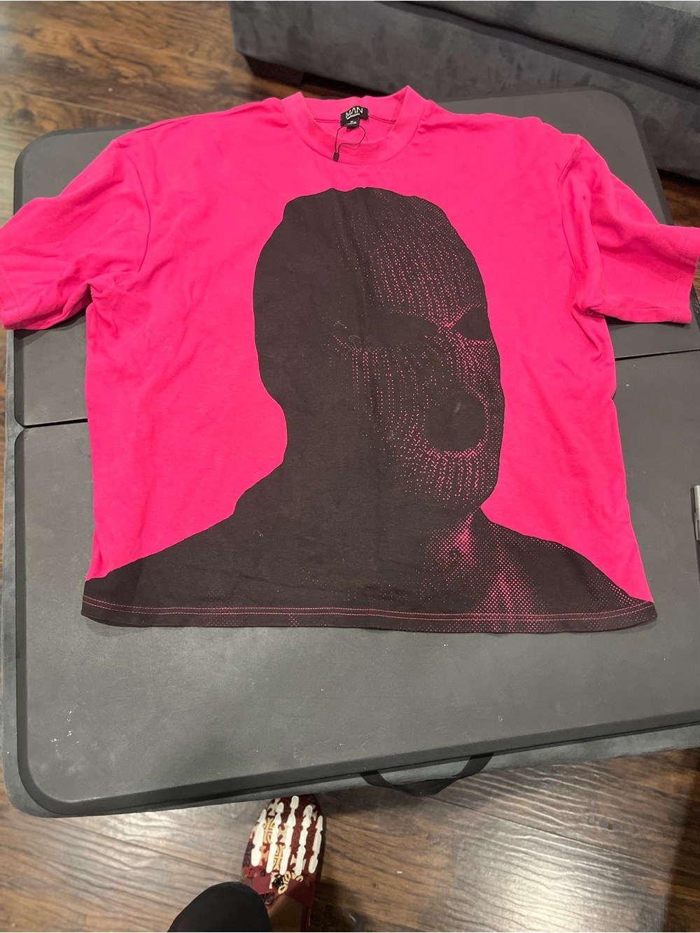 Hot Pink Graphic Tee with Black Mask Silhouette